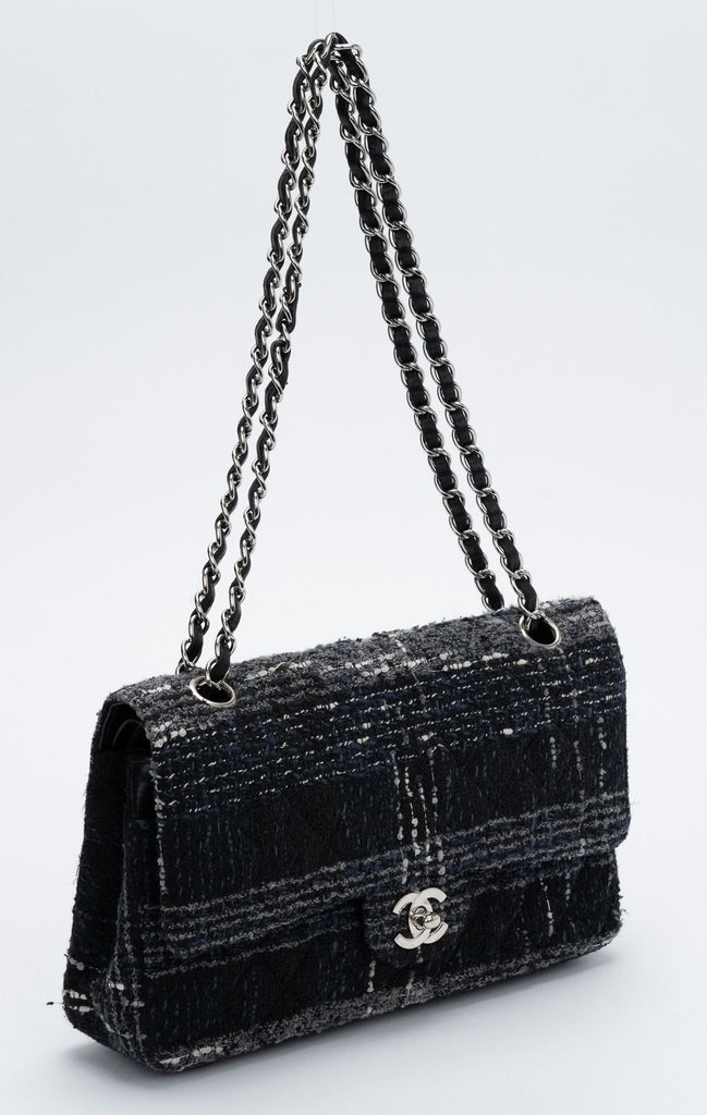 Chanel Black Blue Tweed Double Flap 10"