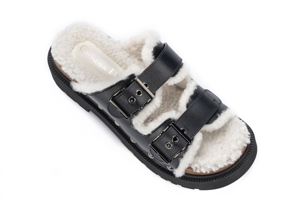 Dior Faux Fur Block Sandals Black NIB