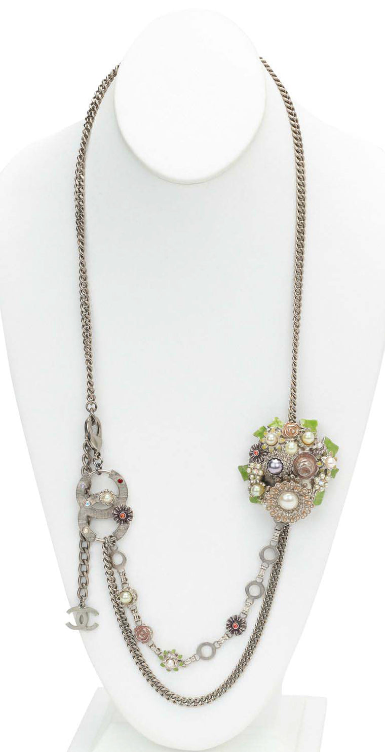 Chanel Flowers Silver Enamel Necklace