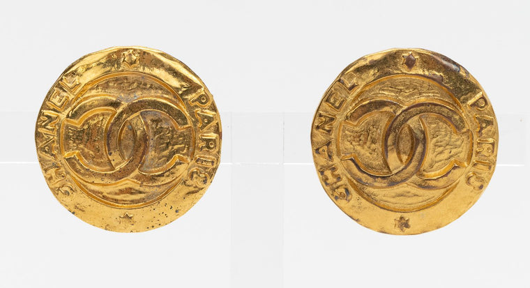 Chanel Vintage Button Logo Earrings Gold