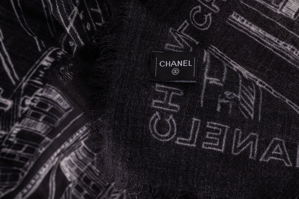 Chanel Cashmere Shawl City Print Black