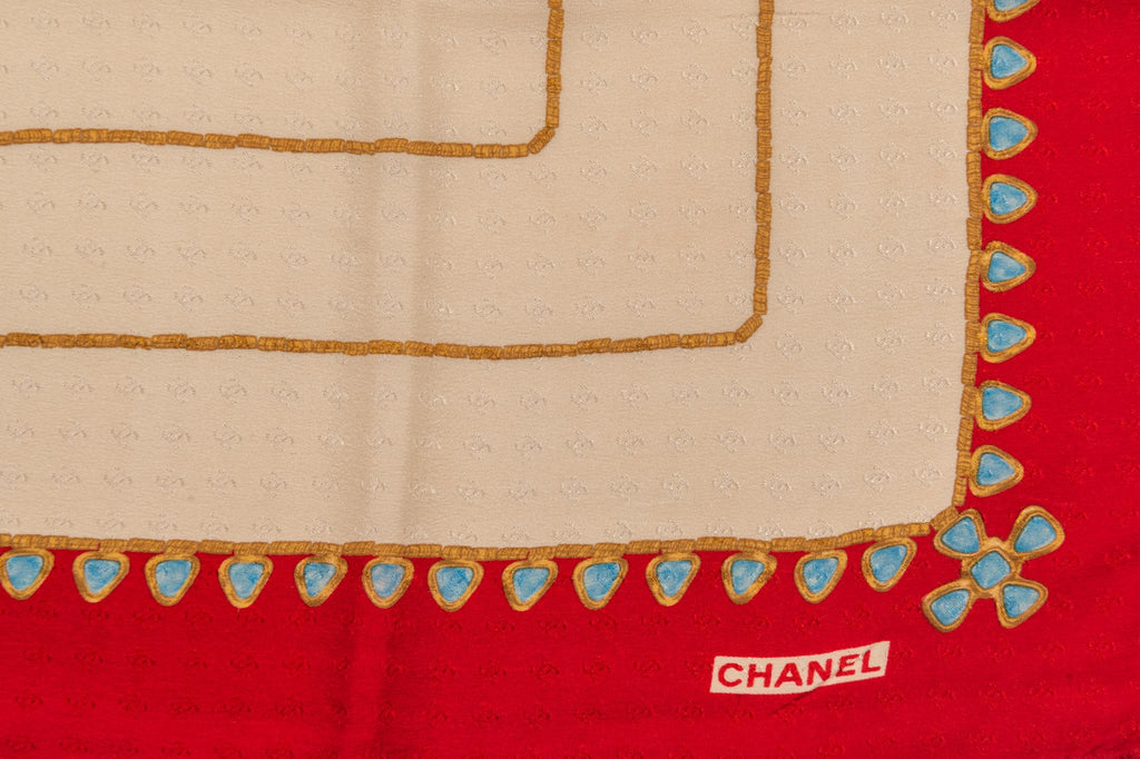 Chanel Vintage Beige Silk Gripoix  Scarf