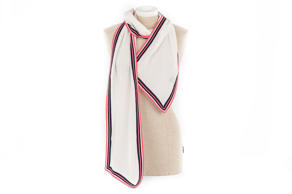 Chanel White Silk Stole Wool Trim