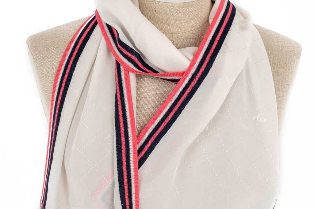 Chanel White Silk Stole Wool Trim