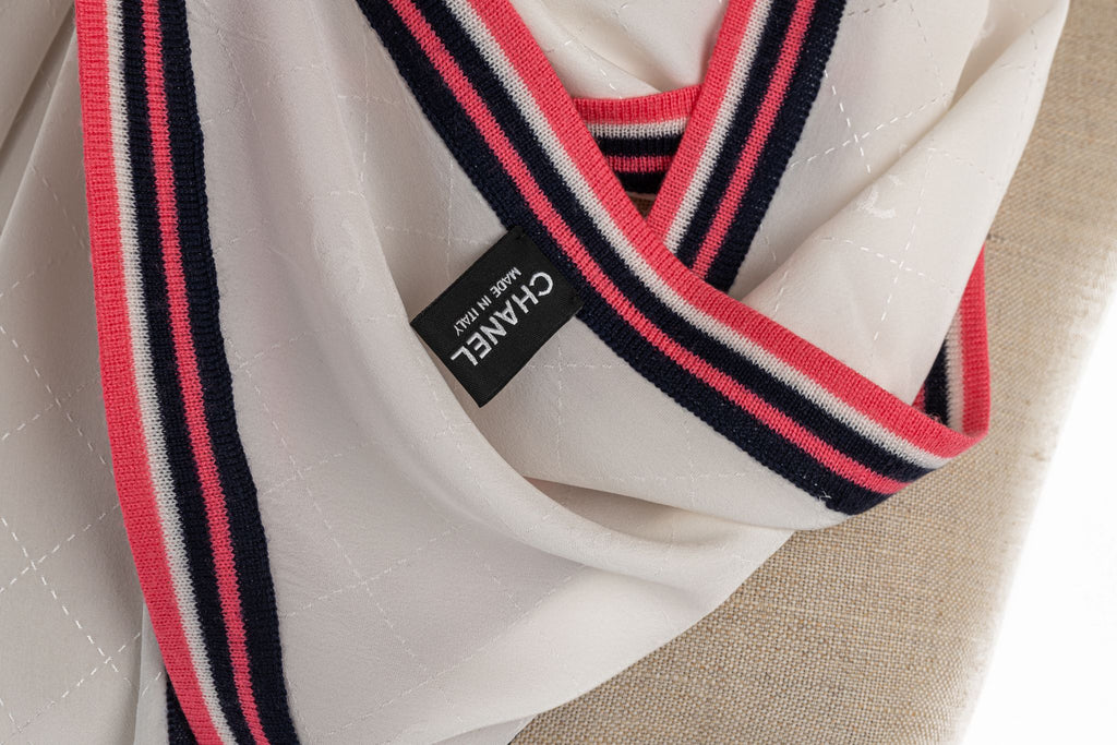 Chanel White Silk Stole Wool Trim