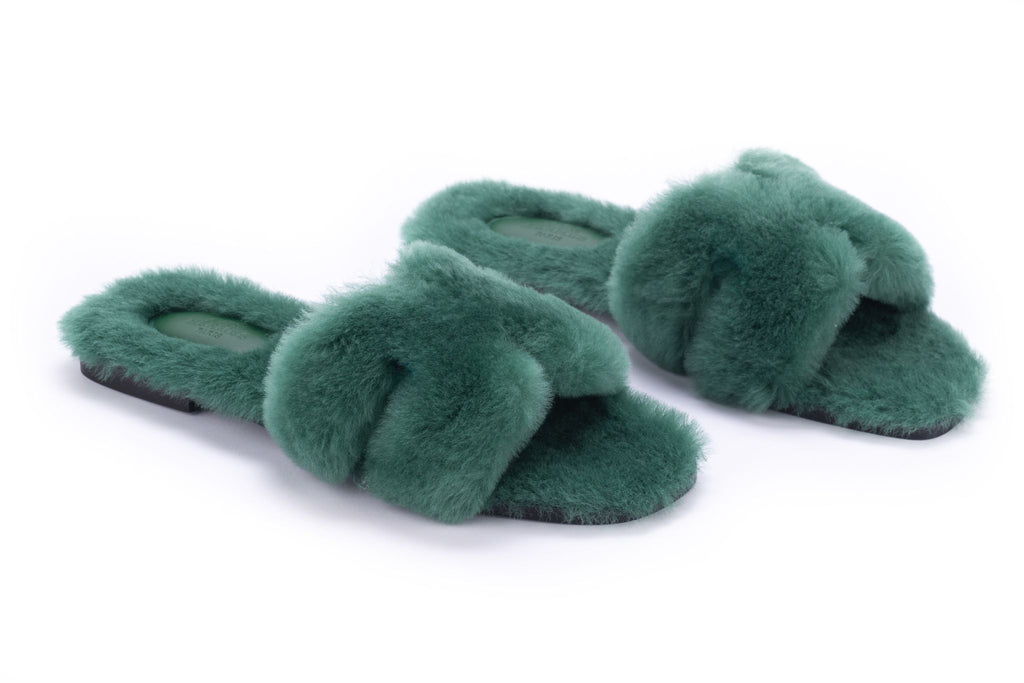 Hermes Oran Sandals Green Woolskin