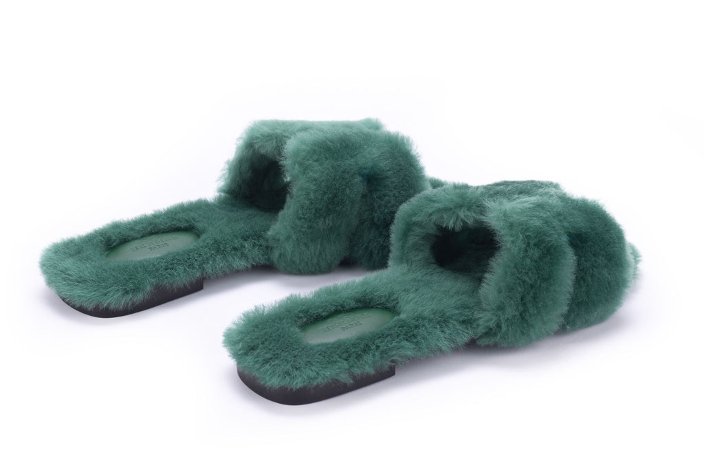 Hermes Oran Sandals Green Woolskin