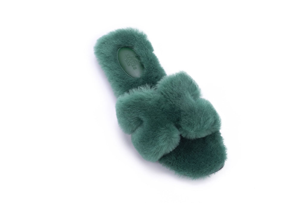 Hermes Oran Sandals Green Woolskin