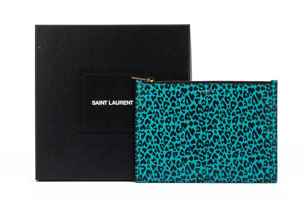 YSL NIB Cheetah Turquoise Leather Pouch