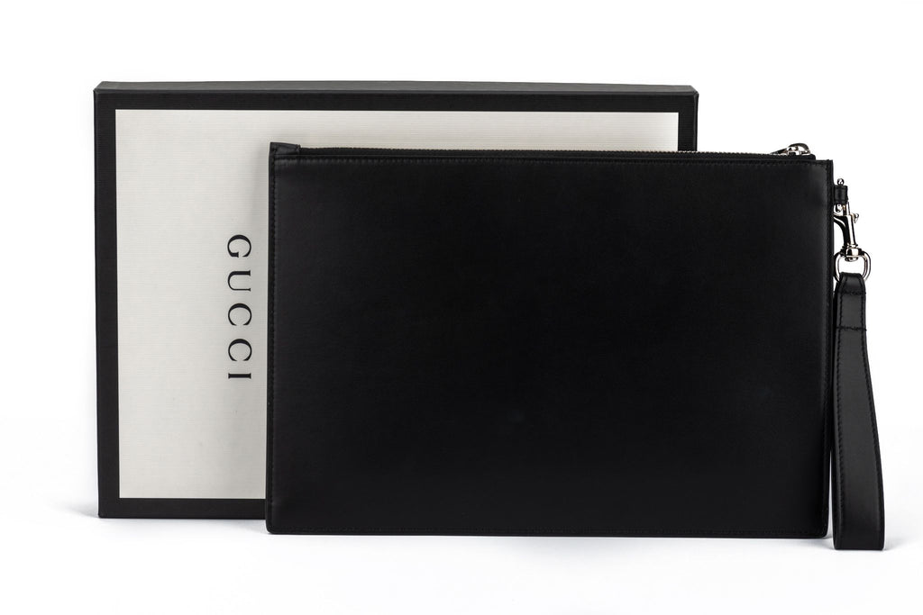 Gucci New Black Leather Unisex Clutch