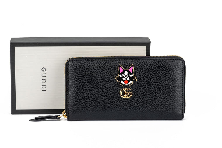 New Gucci Black Zip Around Cat Wallet