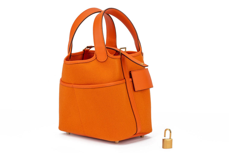 NIB Hermès Orange Swift Toile Picotin 18