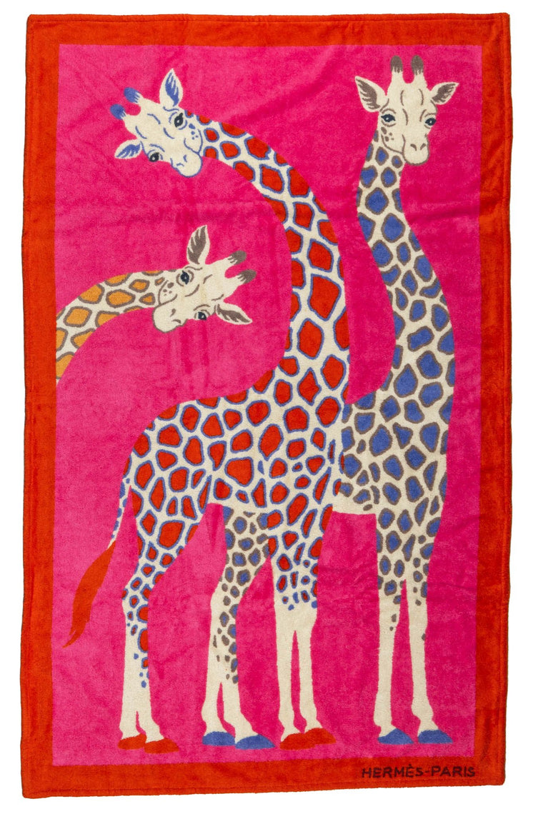 Hermes NIB Giraffes Fuchsia Beach Towel