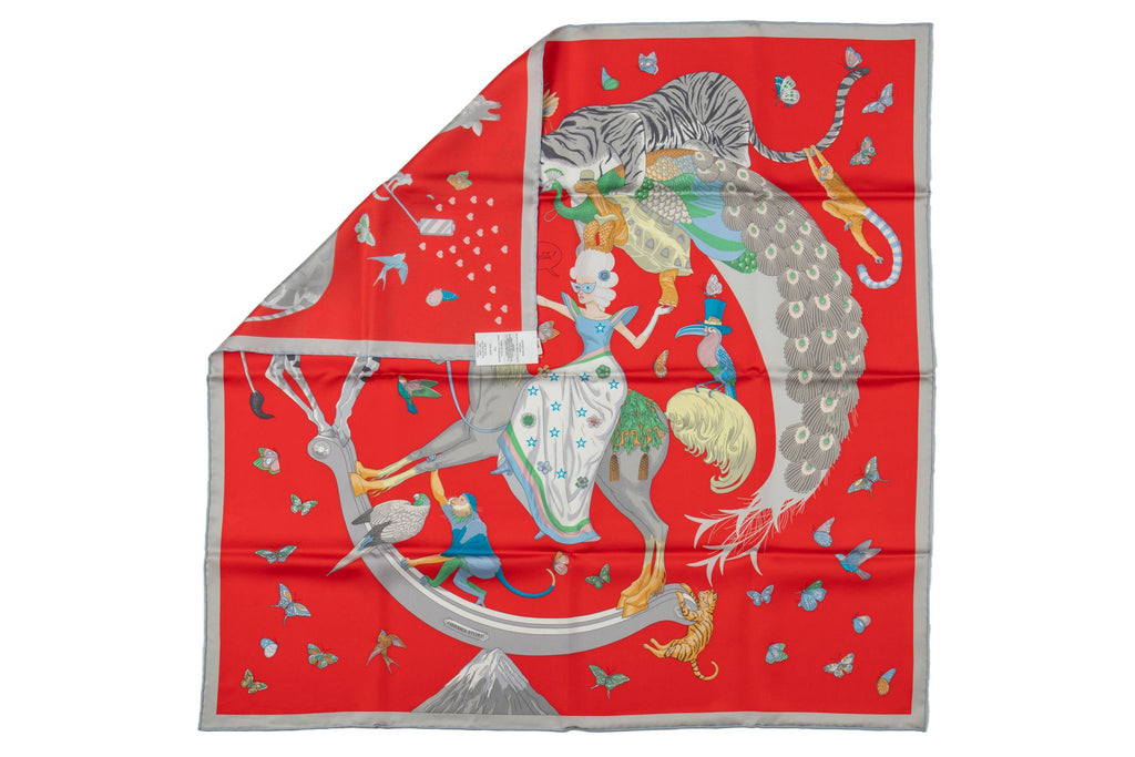 Hermès Story New Red Grey Silk Scarf