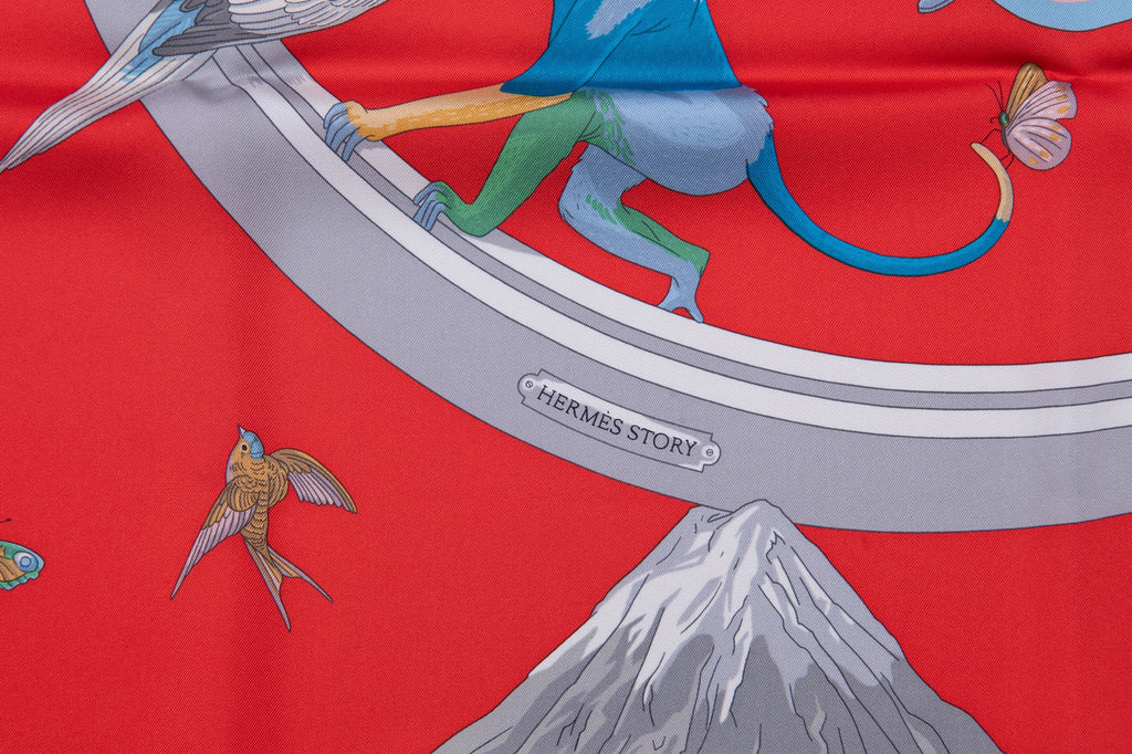 Hermès Story New Red Grey Silk Scarf