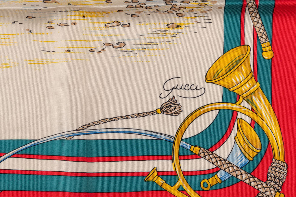 Gucci Vintage Hunting Scene Silk Scarf