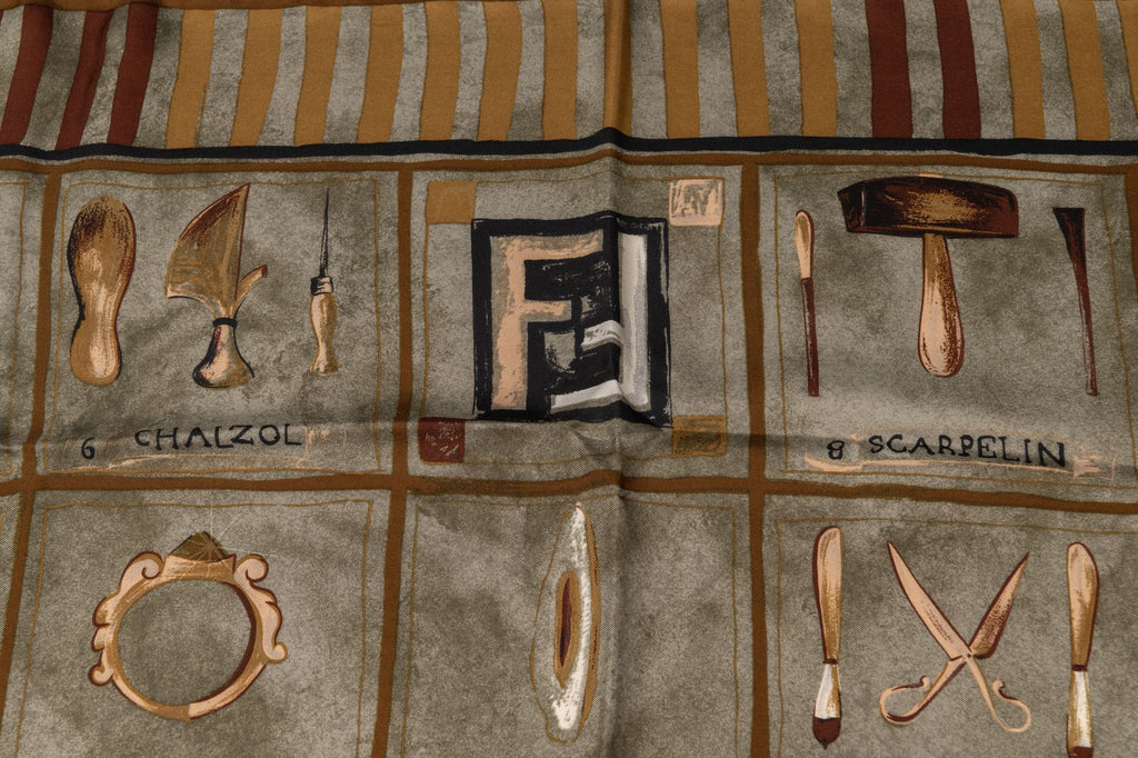 Fendi Vintage Taupe Tools Silk Scarf