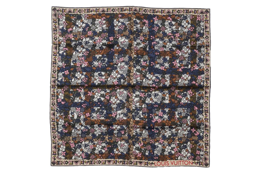 Vuitton Blue  Flower Silk Small Scarf