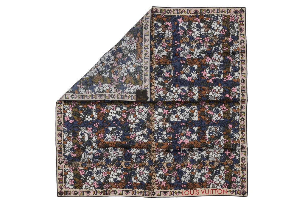 Vuitton Blue  Flower Silk Small Scarf