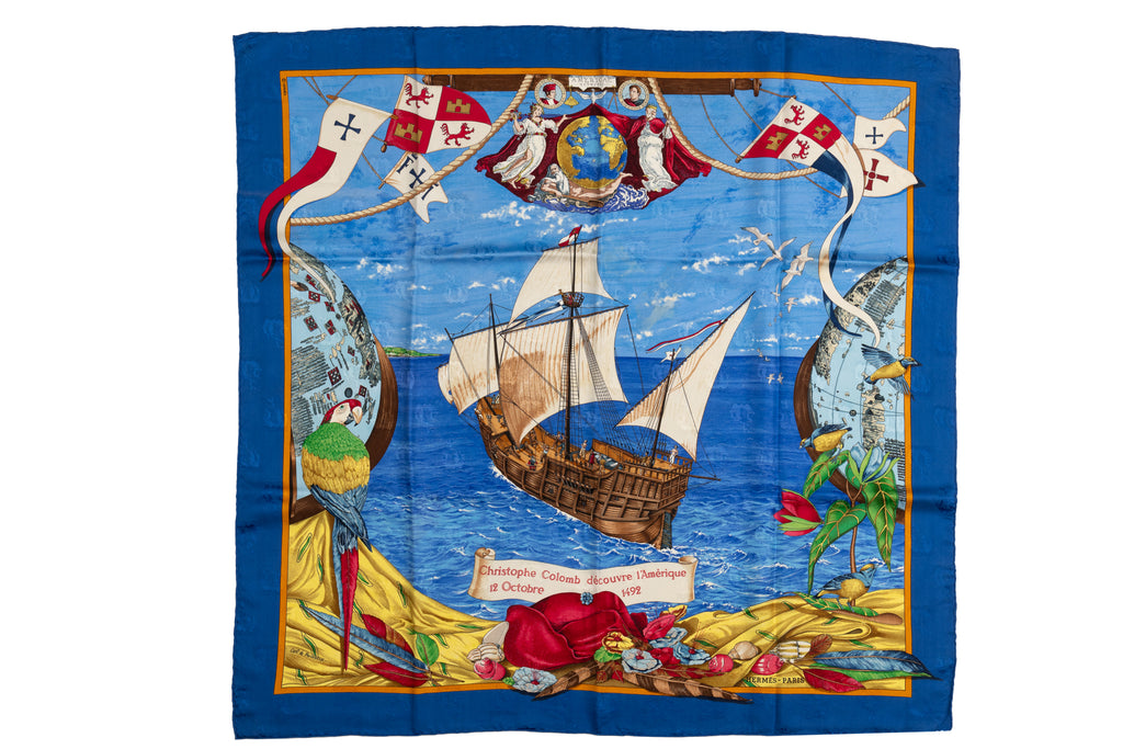 Hermes Colombe Ship Blue Silk Scarf