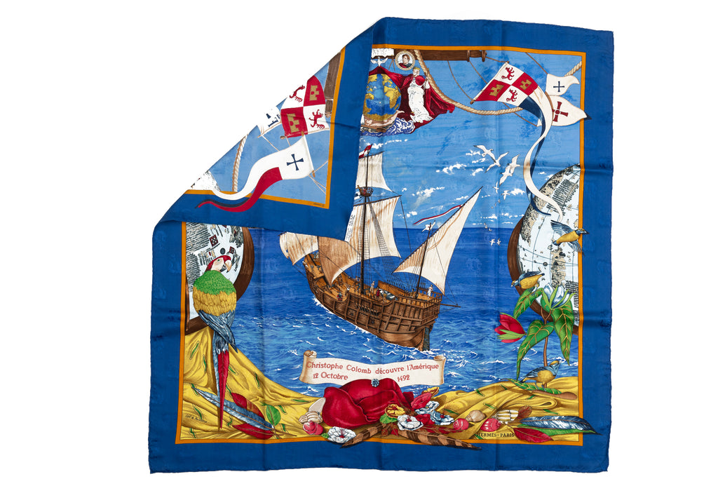 Hermes Colombe Ship Blue Silk Scarf