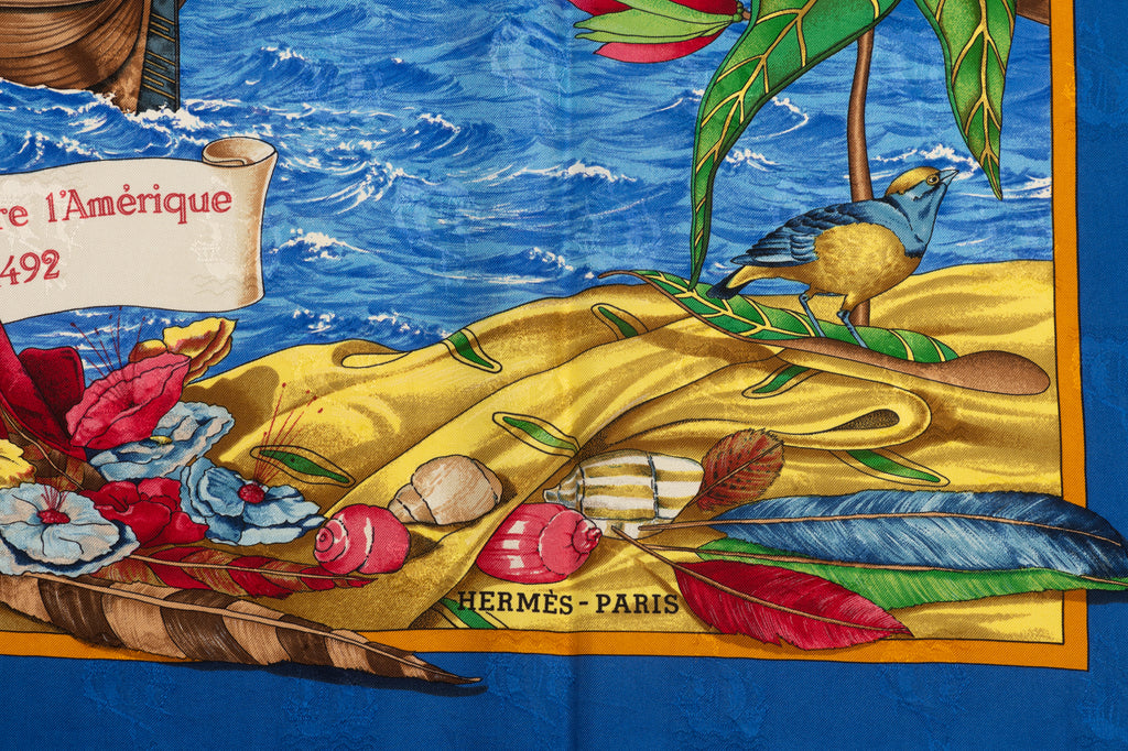 Hermes Colombe Ship Blue Silk Scarf