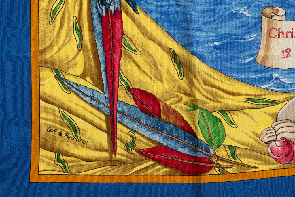 Hermes Colombe Ship Blue Silk Scarf