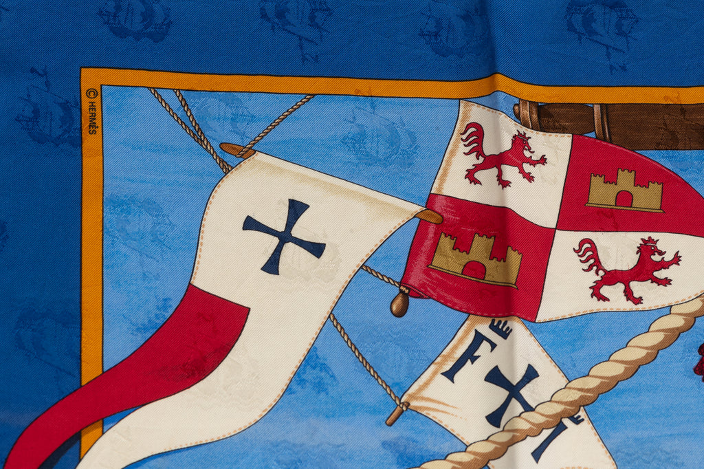 Hermes Colombe Ship Blue Silk Scarf