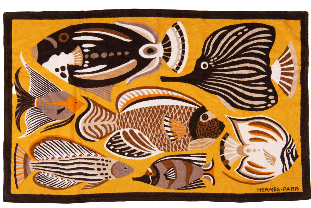 Hermès NIB Yellow Black Fish Beach Towel