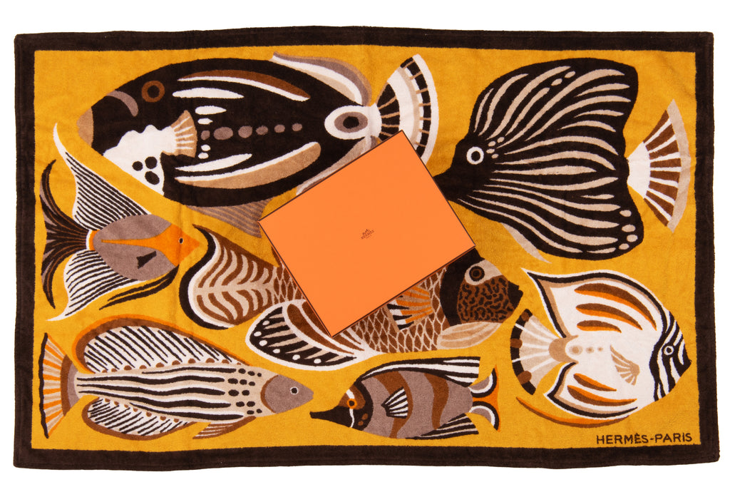 Hermès NIB Yellow Black Fish Beach Towel