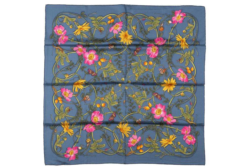 Gucci "Flowerwebby" Blue Silk Scarf