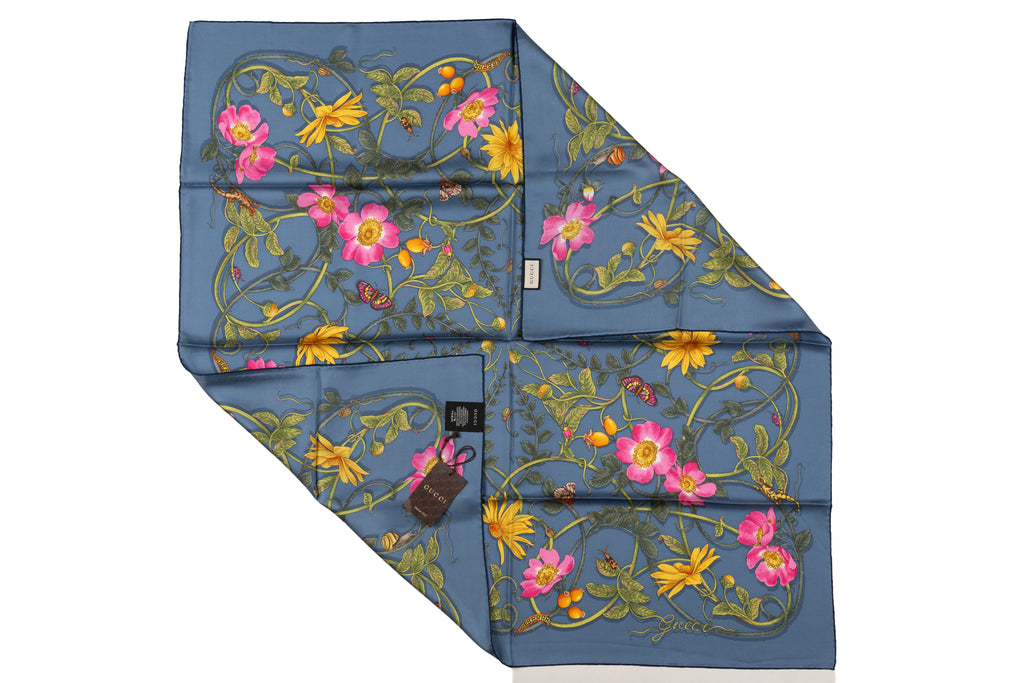 Gucci "Flowerwebby" Blue Silk Scarf