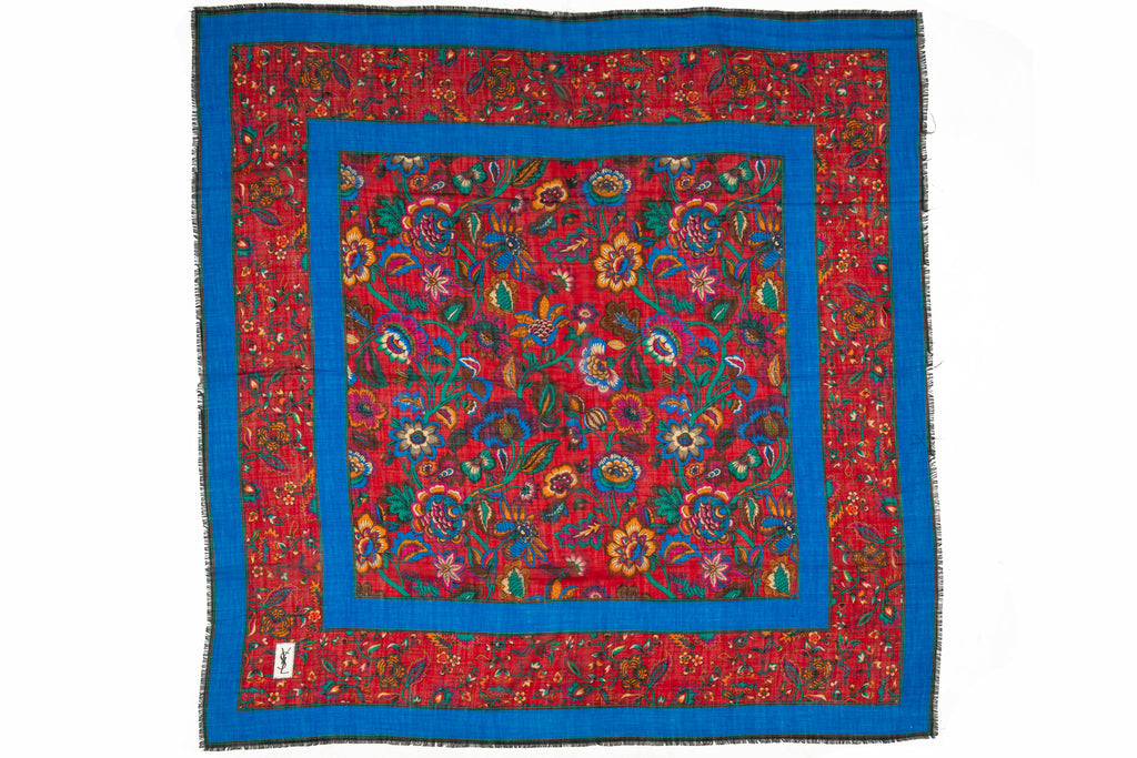 YSL Wool Flowers Red Blue Shawl