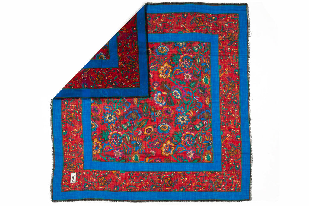 YSL Wool Flowers Red Blue Shawl