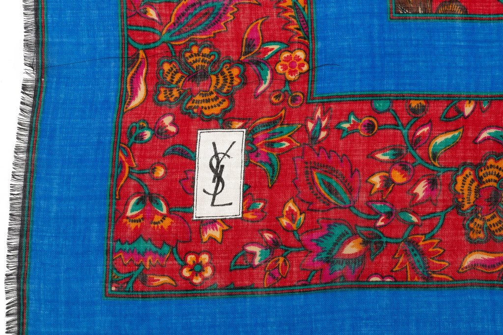 YSL Wool Flowers Red Blue Shawl