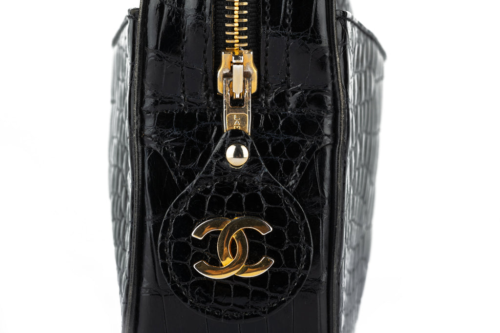 Chanel Vintage Black Croc Shoulder Bag