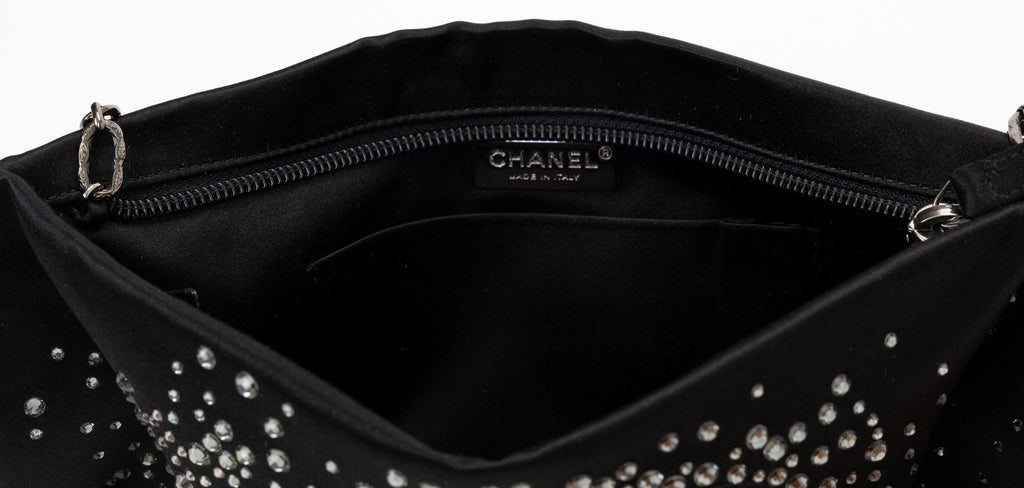 Chanel Black SatinStrass Camellia Clutch