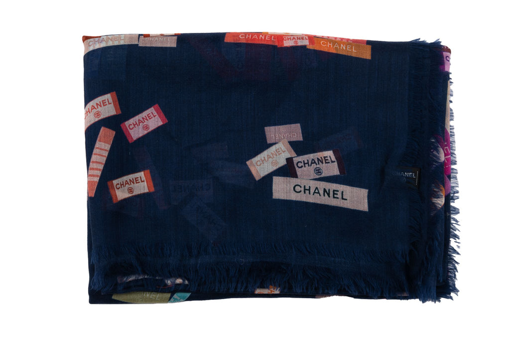 Chanel New Navy Labels Cashmere Shawl