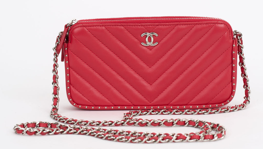 Chanel Red Chevron Quilted Stud Crossbod