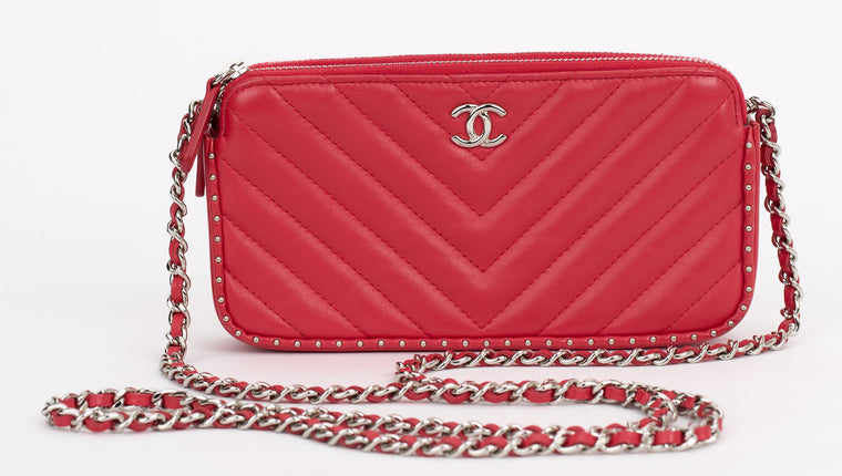 Chanel Red Chevron Quilted Stud Crossbod
