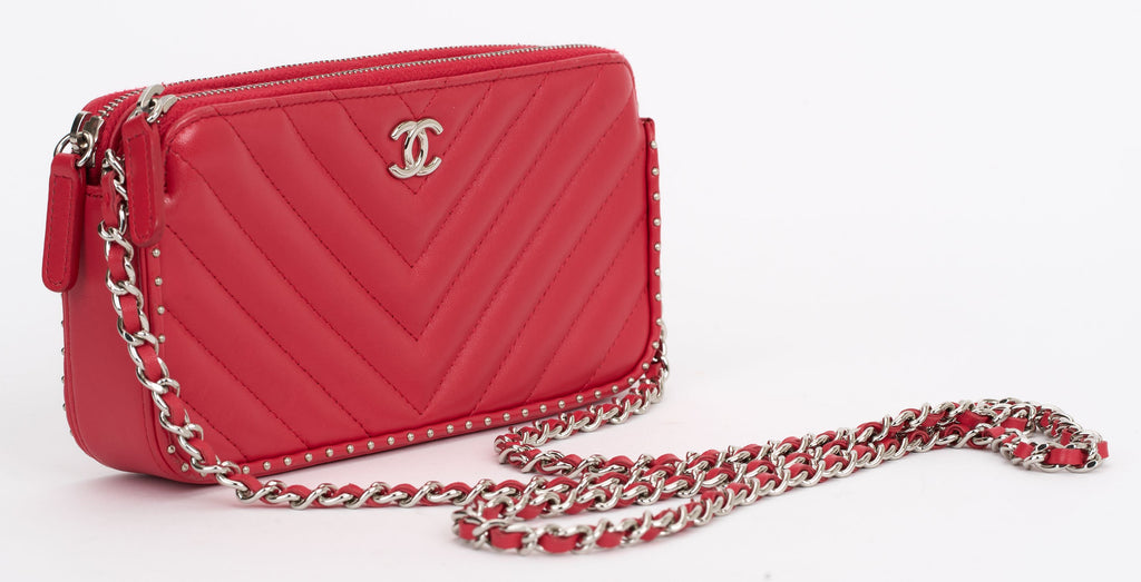 Chanel Red Chevron Quilted Stud Crossbod