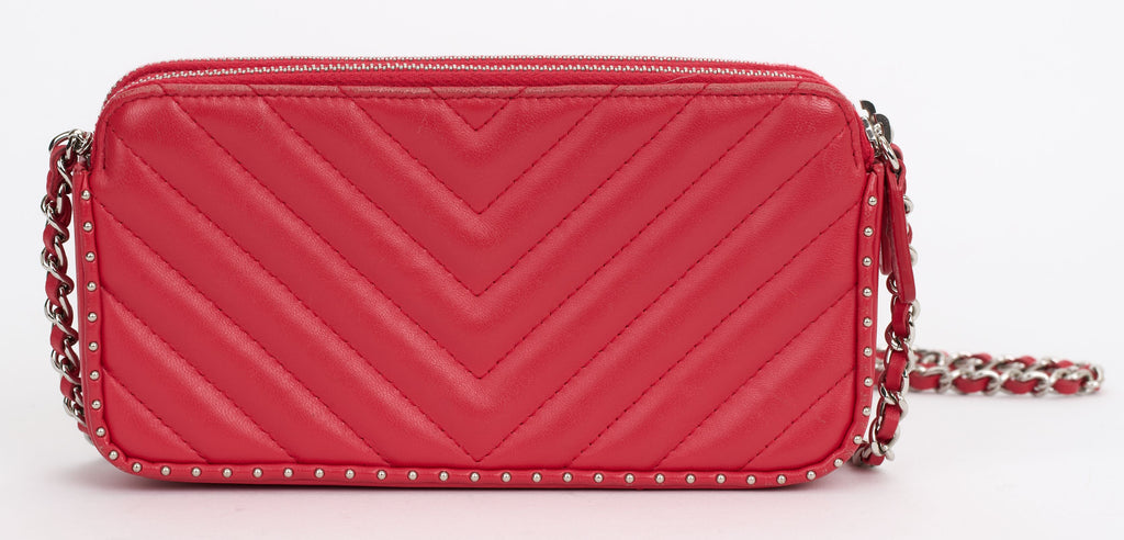 Chanel Red Chevron Quilted Stud Crossbod