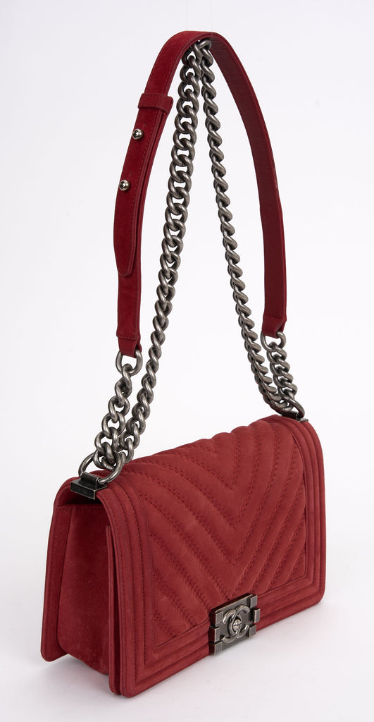 Chanel Red Suede Ruthenium Boy Bag