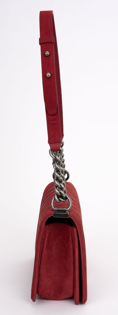 Chanel Red Suede Ruthenium Boy Bag