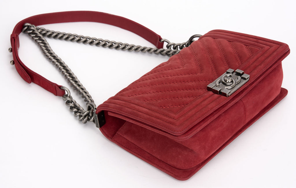 Chanel Red Suede Ruthenium Boy Bag