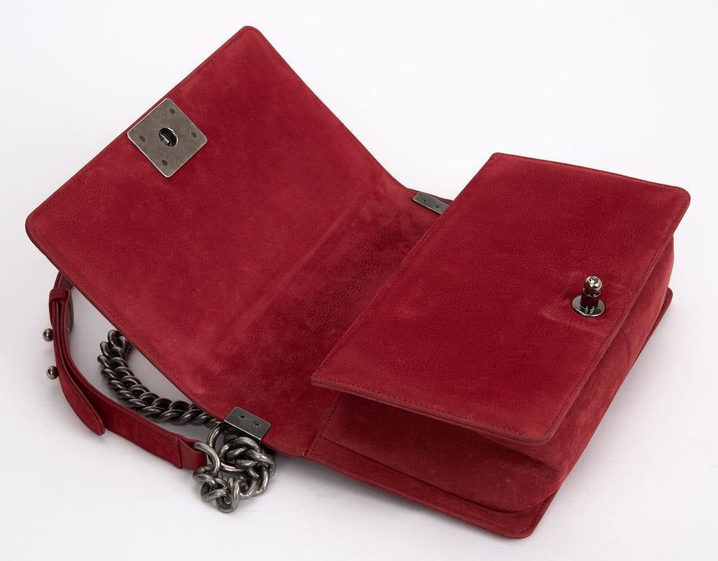 Chanel Red Suede Ruthenium Boy Bag
