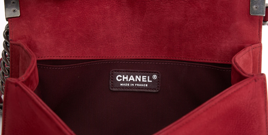 Chanel Red Suede Ruthenium Boy Bag