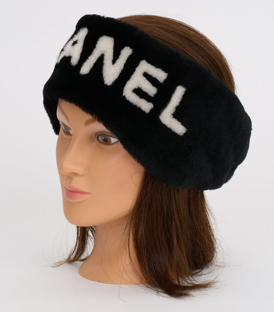 Chanel New Black WhiteShearling Headband