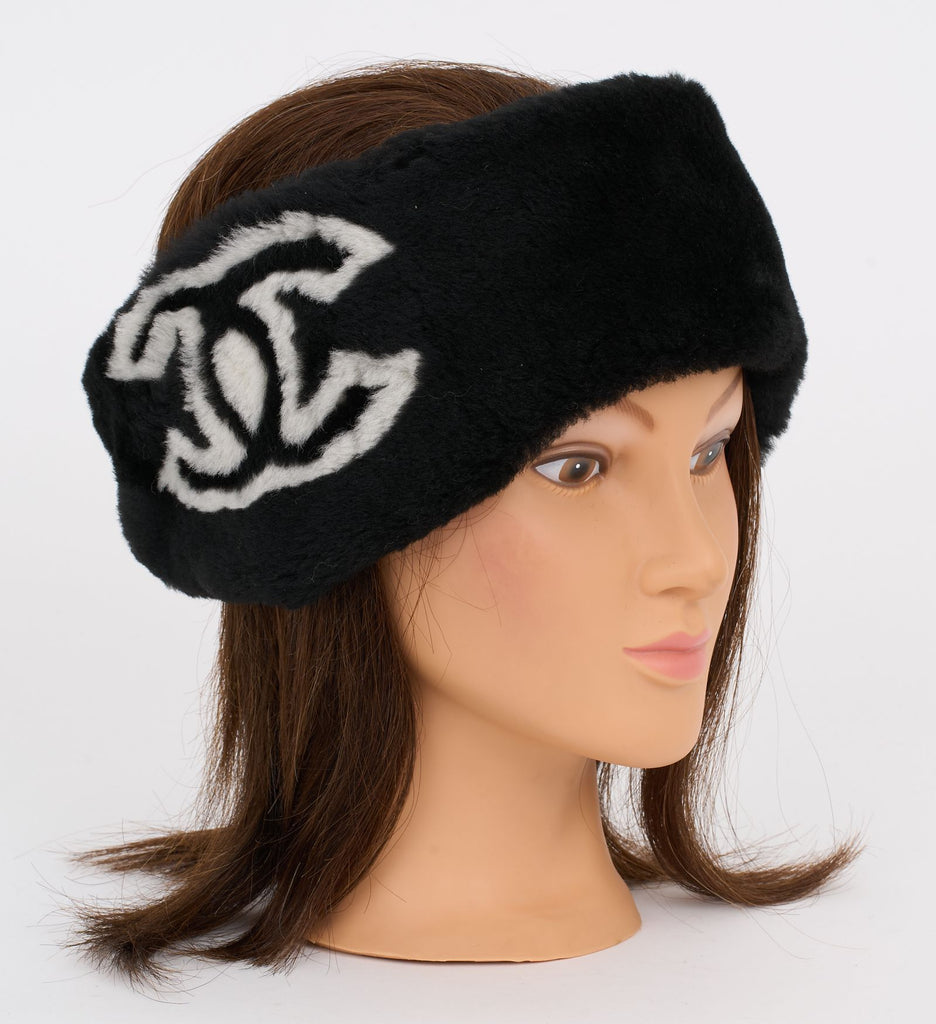 Chanel New Black Fur Logo Headband