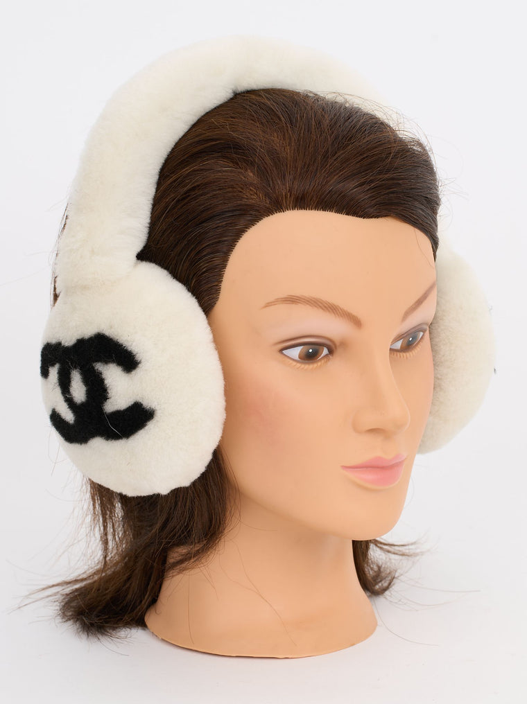 Chanel New Off White Fur Logo Earmuffs